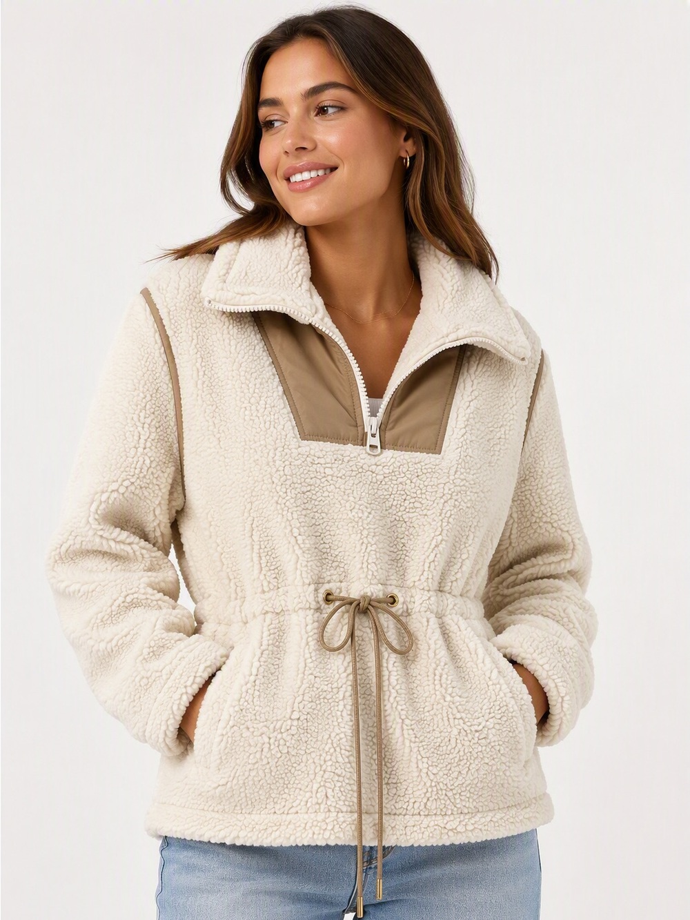 Coach Cream Sherpa Pullover with Tan Quilted pane style C6547